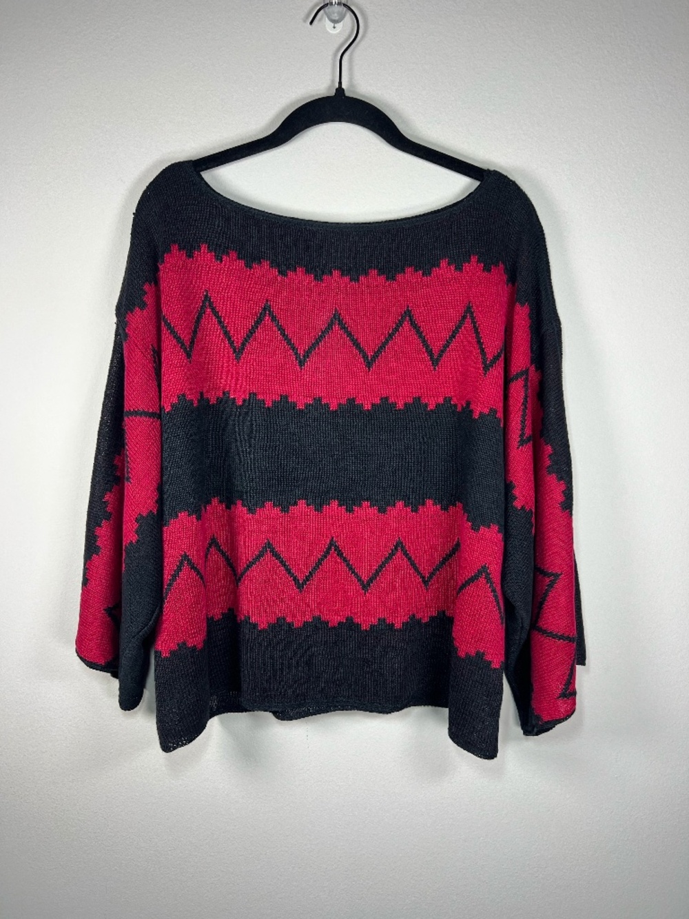 Lauren Ralph Lauren Sweater Plack Red Southwestern Linen 3/4 Sleeve Boho FLAW Lg